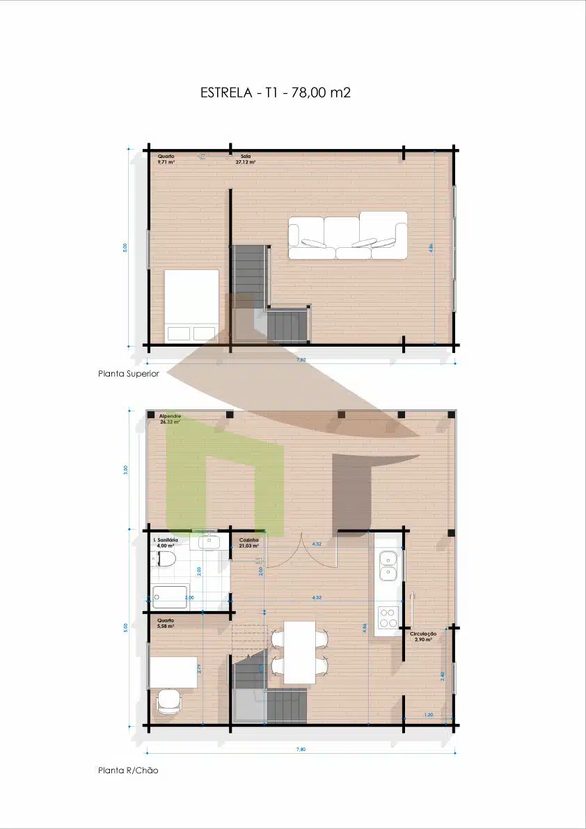 ESTRELA_T1_78 Estrela T1 78 — Casa de Madeira Pré fabricada Estrela