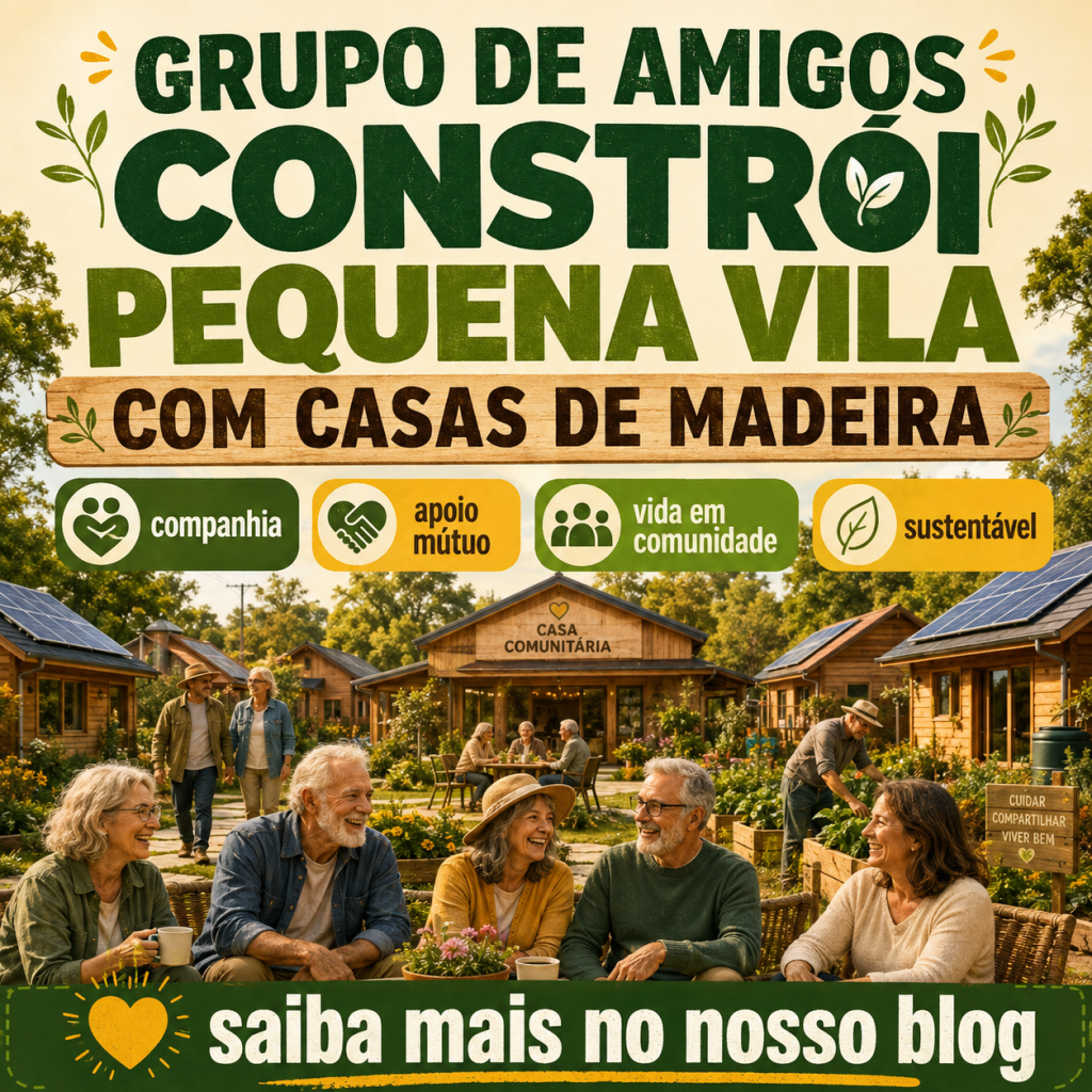 Grupo de amigos constrói uma pequena vila com casas de madeira para envelhecerem juntos e compartilhar suas vidas