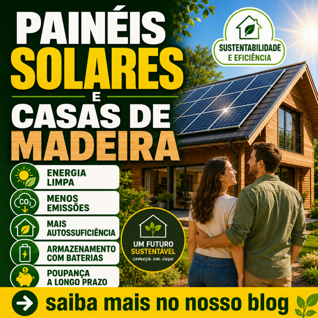 Painéis solares e casas de madeira